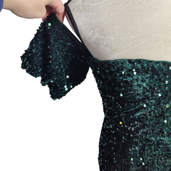 NWT Lulus Sz XL All Aglitter Emerald Green Sequin Off the Shoulder Mini Dress - Picture 5 of 9